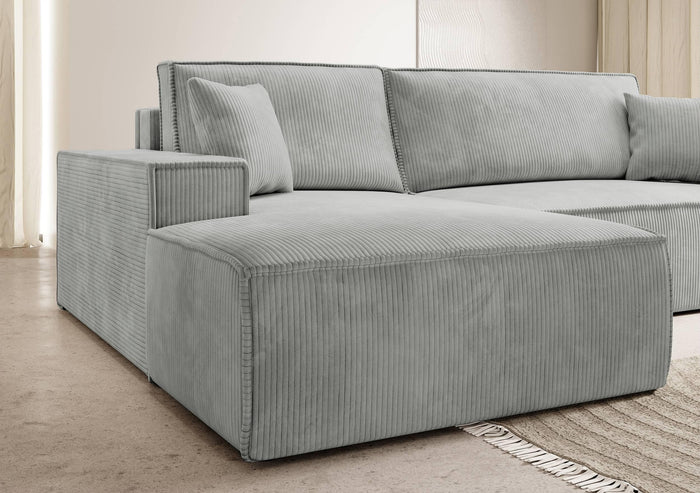 NADUVI Collection Galine Hoekbank met Chaise Longue Links met Slaapfunctie - Ribstof - Lichtgrijs