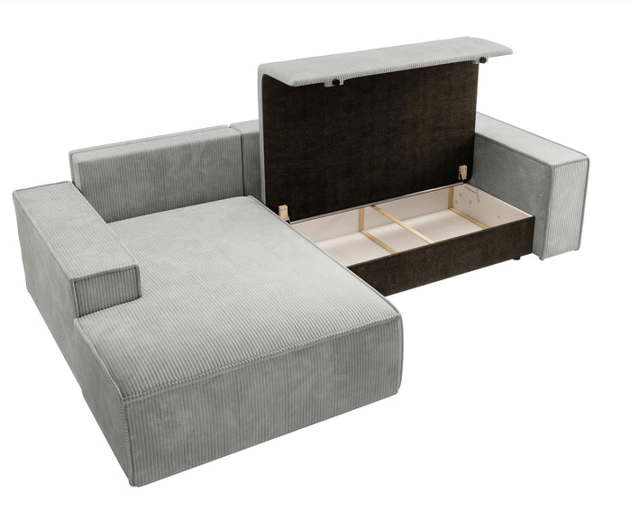 NADUVI Collection Galine Hoekbank met Chaise Longue Links met Slaapfunctie - Ribstof - Lichtgrijs