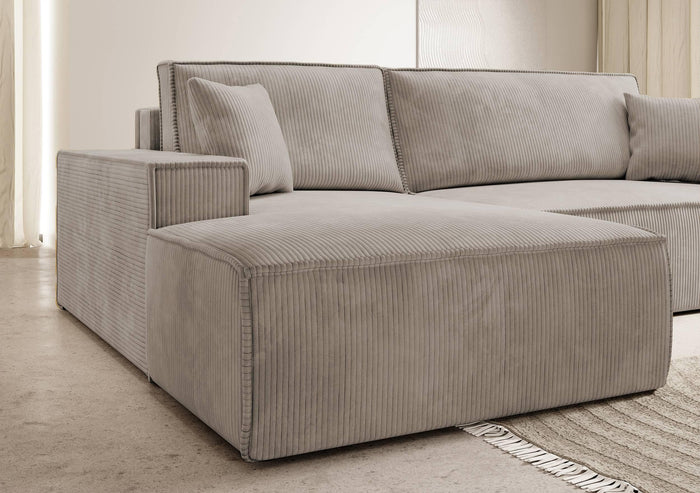 NADUVI Collection Galine Hoekbank met Chaise Longue Links met Slaapfunctie - Ribstof - Beige