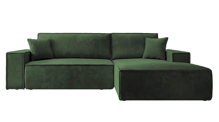 NADUVI Collection Galine Hoekbank met Chaise Longue Rechts met Slaapfunctie - Ribstof - Donkergroen