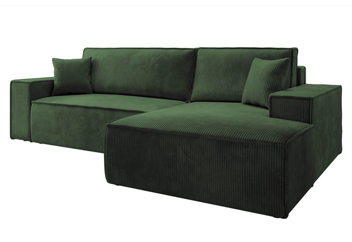 NADUVI Collection Galine Hoekbank met Chaise Longue Rechts met Slaapfunctie - Ribstof - Donkergroen