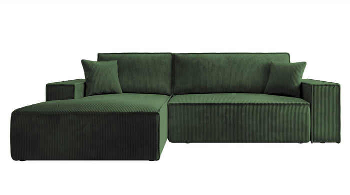NADUVI Collection Galine Hoekbank met Chaise Longue Links met Slaapfunctie - Ribstof - Donkergroen