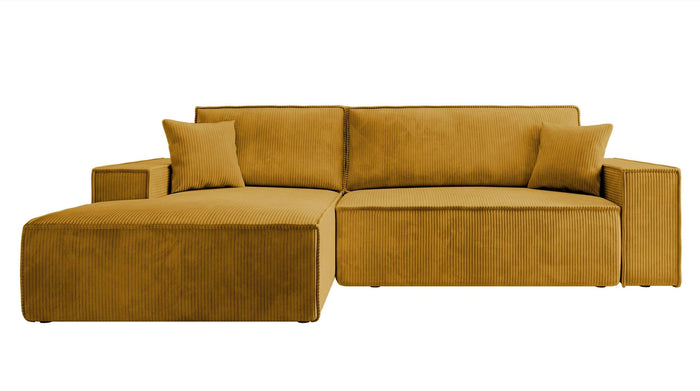 NADUVI Collection Galine Hoekbank met Chaise Longue Links met Slaapfunctie - Ribstof - Mosterdgeel