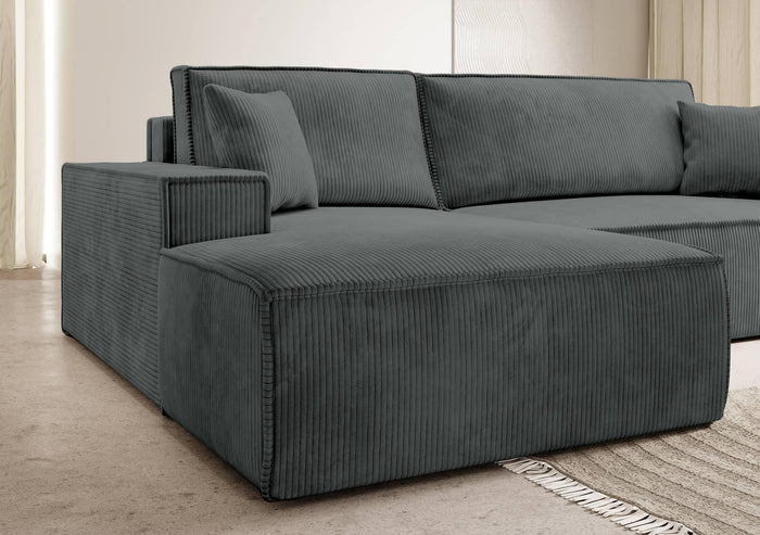 NADUVI Collection Galine Hoekbank met Hoekbank met Chaise Longue Links met Slaapfunctie - Ribstof - Donkergrijs
