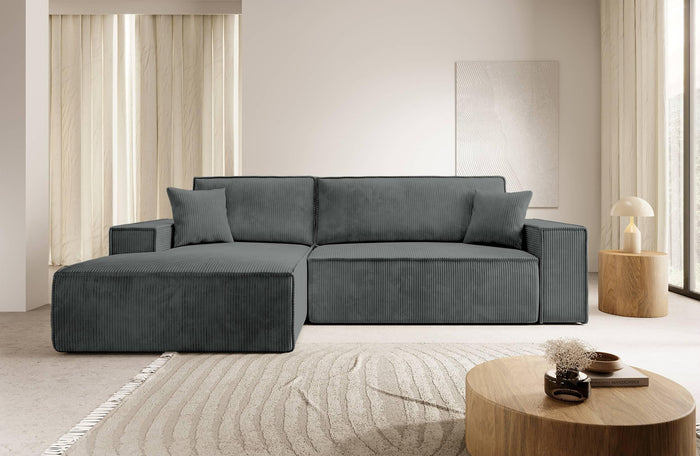 NADUVI Collection Galine Hoekbank met Hoekbank met Chaise Longue Links met Slaapfunctie - Ribstof - Donkergrijs