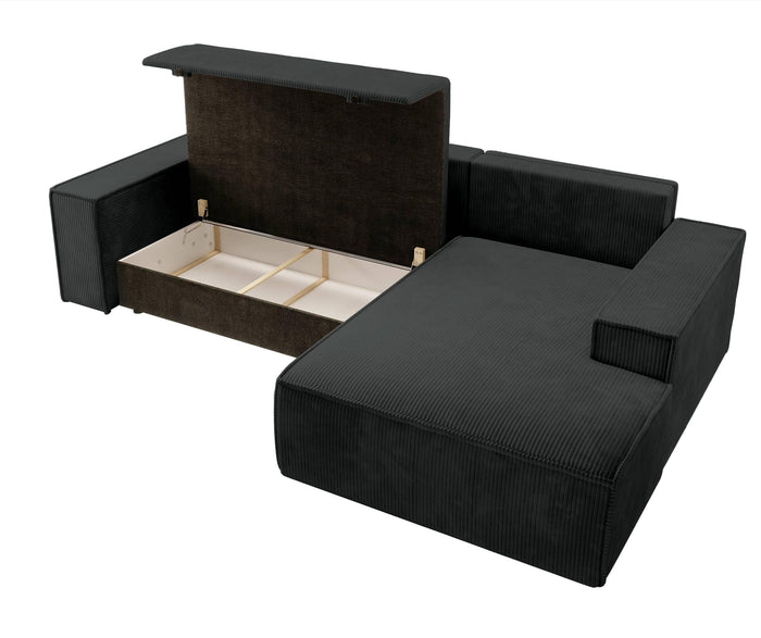 NADUVI Collection Galine Hoekbank met Chaise Longue Rechts met Slaapfunctie - Ribstof - Zwart