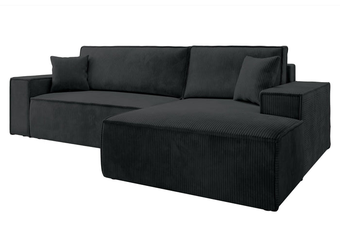 NADUVI Collection Galine Hoekbank met Chaise Longue Rechts met Slaapfunctie - Ribstof - Zwart