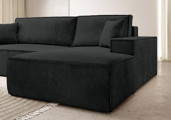 NADUVI Collection Galine Hoekbank met Chaise Longue Rechts met Slaapfunctie - Ribstof - Zwart