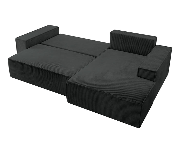 NADUVI Collection Galine Hoekbank met Chaise Longue Rechts met Slaapfunctie - Ribstof - Zwart