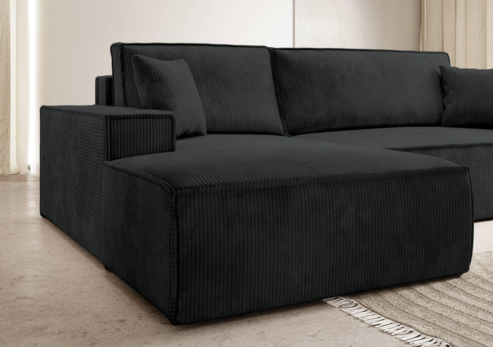 NADUVI Collection Galine Hoekbank met Chaise Longue Links met Slaapfunctie - Ribstof - Zwart