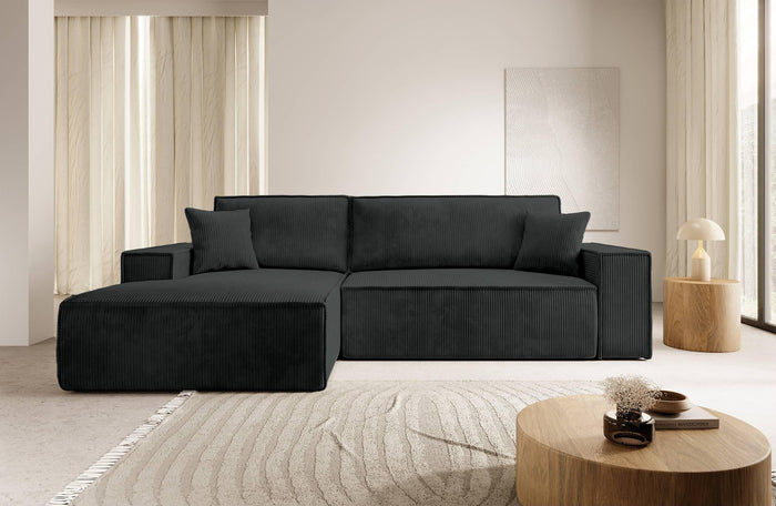 NADUVI Collection Galine Hoekbank met Chaise Longue Links met Slaapfunctie - Ribstof - Zwart