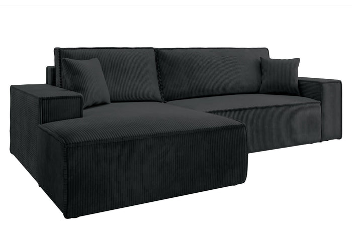 NADUVI Collection Galine Hoekbank met Chaise Longue Links met Slaapfunctie - Ribstof - Zwart
