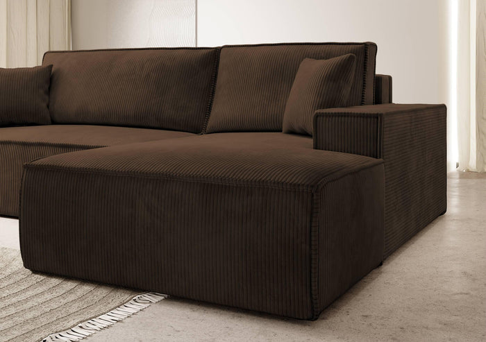 NADUVI Collection Galine Hoekbank met Chaise Longue Rechts met Slaapfunctie - Ribstof - Bruin