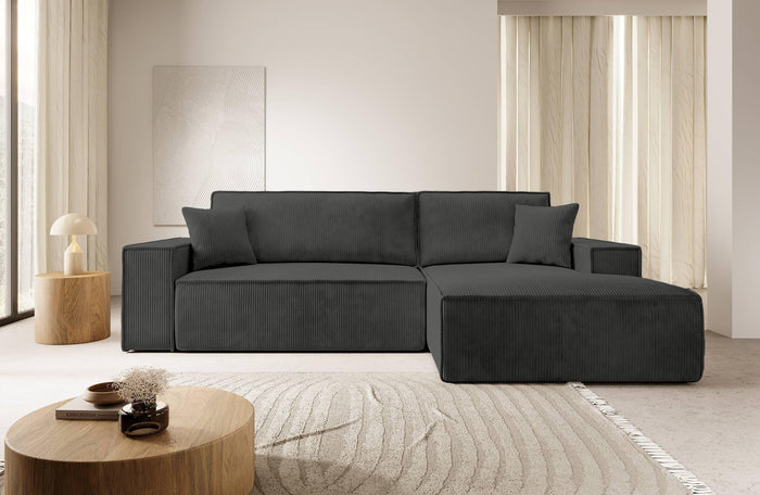 NADUVI Collection Galine Hoekbank met Chaise Longue Rechts met Slaapfunctie - Ribstof - Antraciet
