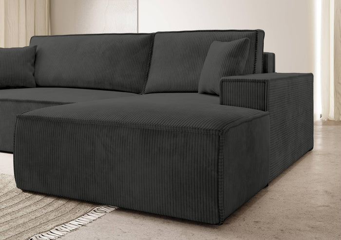 NADUVI Collection Galine Hoekbank met Chaise Longue Rechts met Slaapfunctie - Ribstof - Antraciet