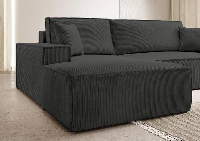 NADUVI Collection Galine Hoekbank met Chaise Longue Links met Slaapfunctie - Ribstof - Antraciet