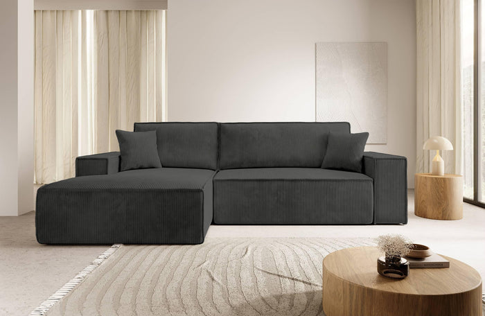 NADUVI Collection Galine Hoekbank met Chaise Longue Links met Slaapfunctie - Ribstof - Antraciet