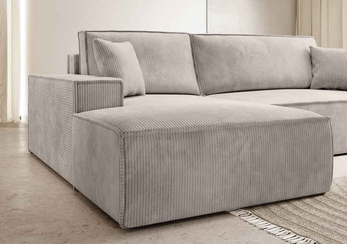 NADUVI Collection Galine Hoekbank met Chaise Longue Links met Slaapfunctie - Ribstof - Crème