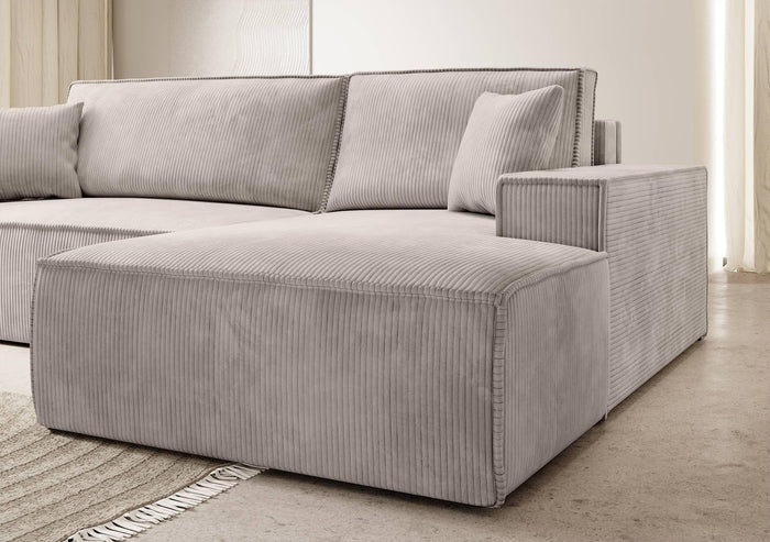 NADUVI Collection Galine Hoekbank met Chaise Longue Rechts met Slaapfunctie - Ribstof - Crème