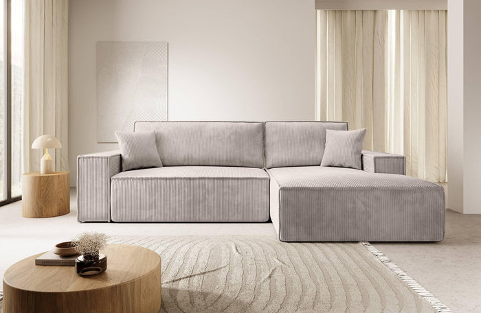 NADUVI Collection Galine Hoekbank met Chaise Longue Rechts met Slaapfunctie - Ribstof - Crème