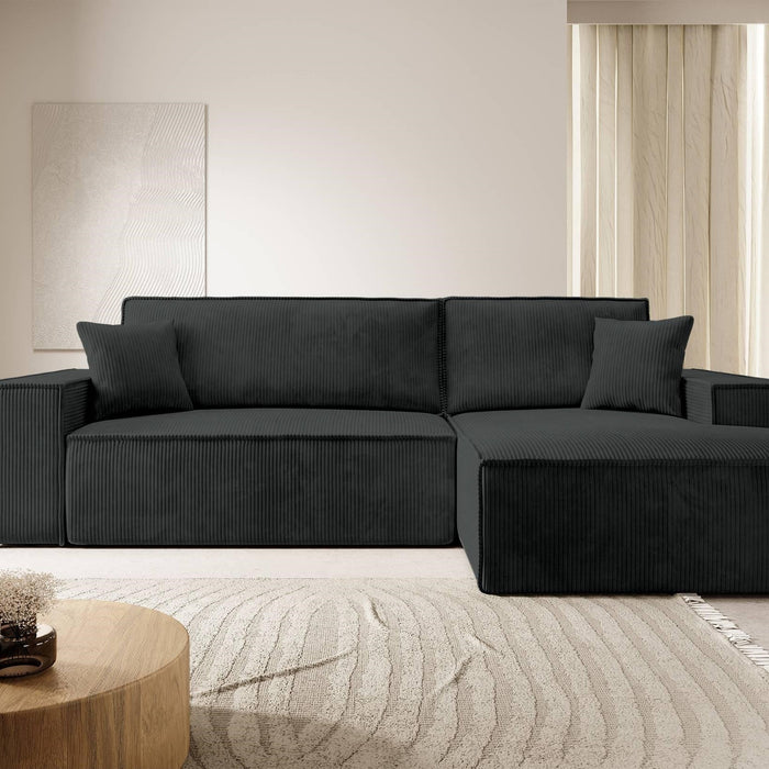 NADUVI Collection Galine Hoekbank met Chaise Longue Rechts met Slaapfunctie - Ribstof - Zwart