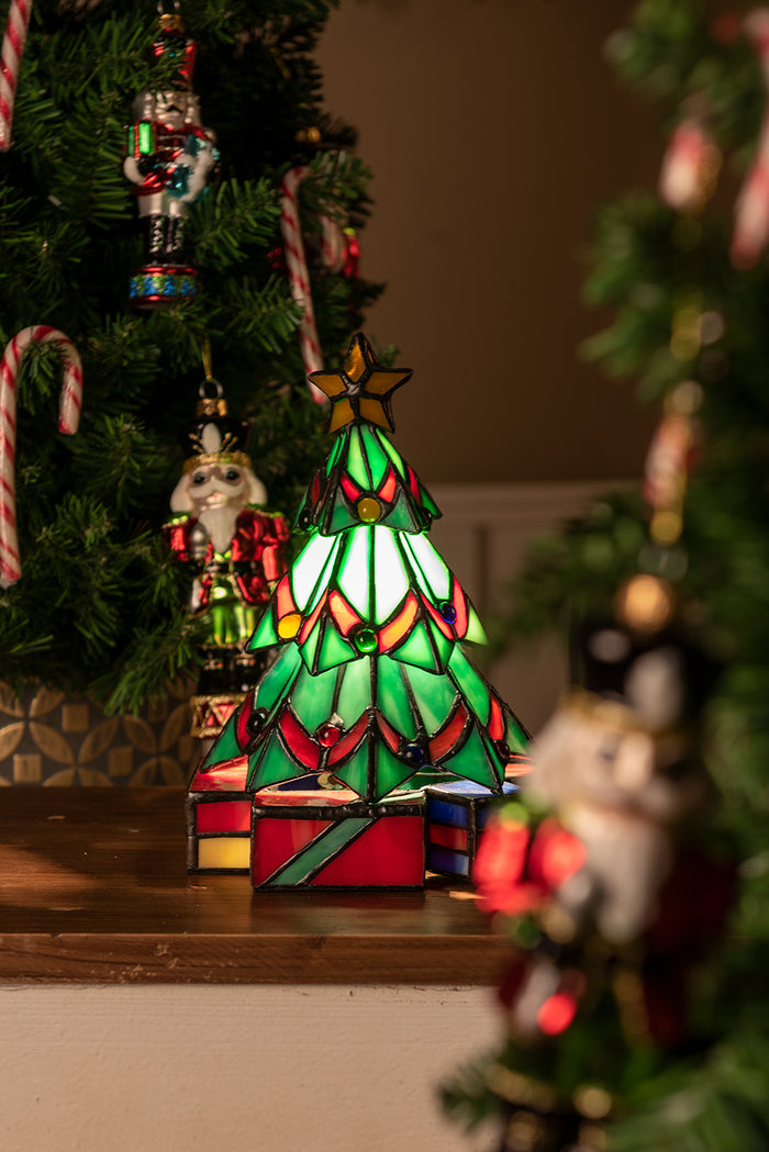 Clayre & Eef Tiffany Tafellamp Kerstboom 17x17x23 cm  Groen Glas