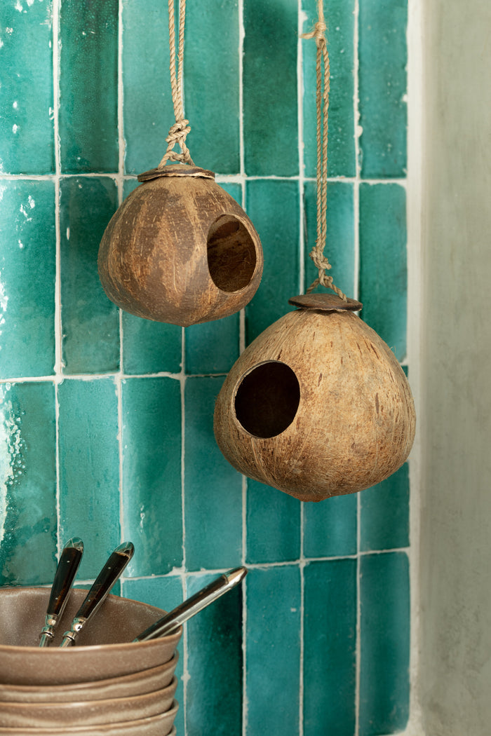 J-Line Kokosnoot Huis decoratie - vogelhuisje - hout - naturel - L