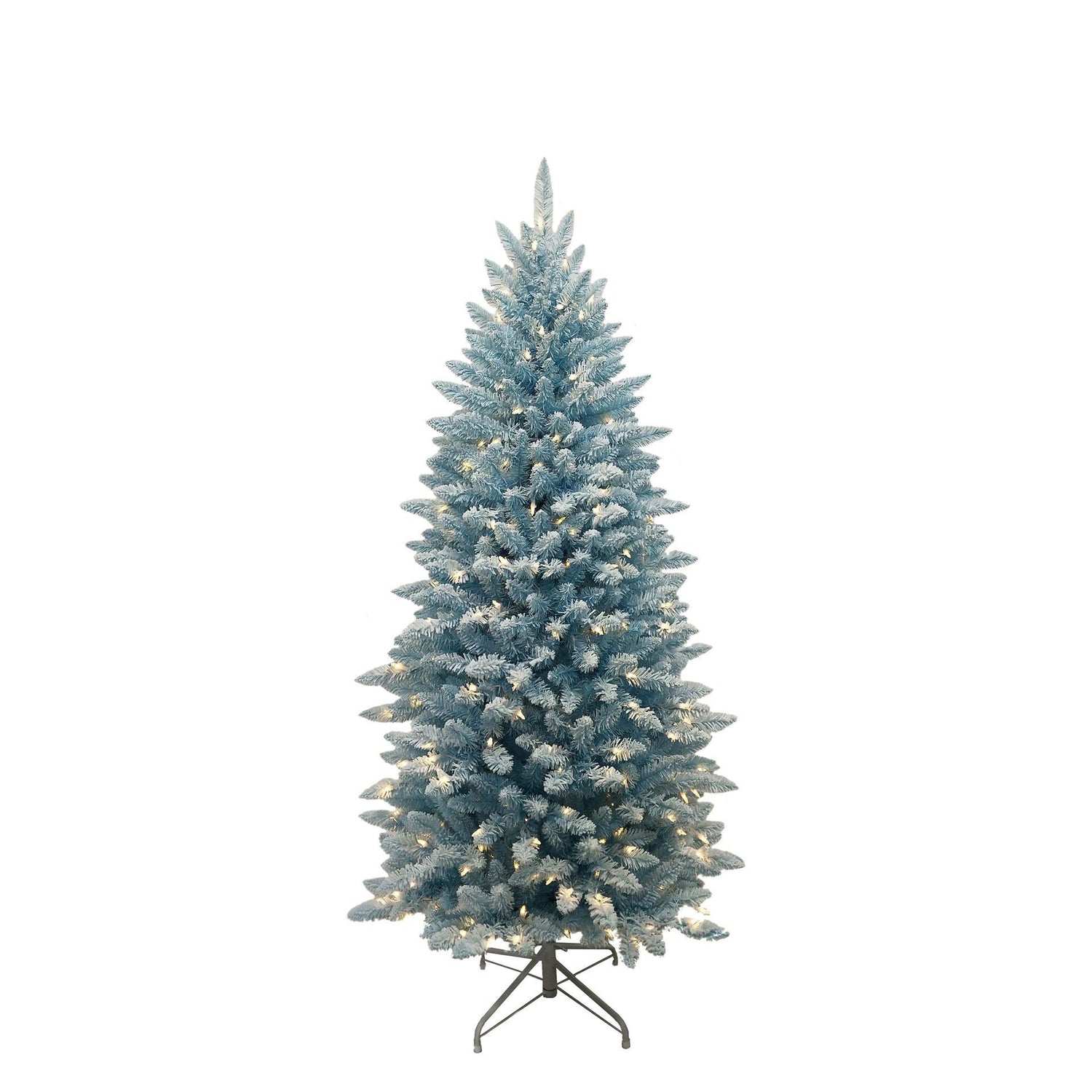 Funky Baby Blue Flocked verlichte kunstkerstboom - 213 cm -
