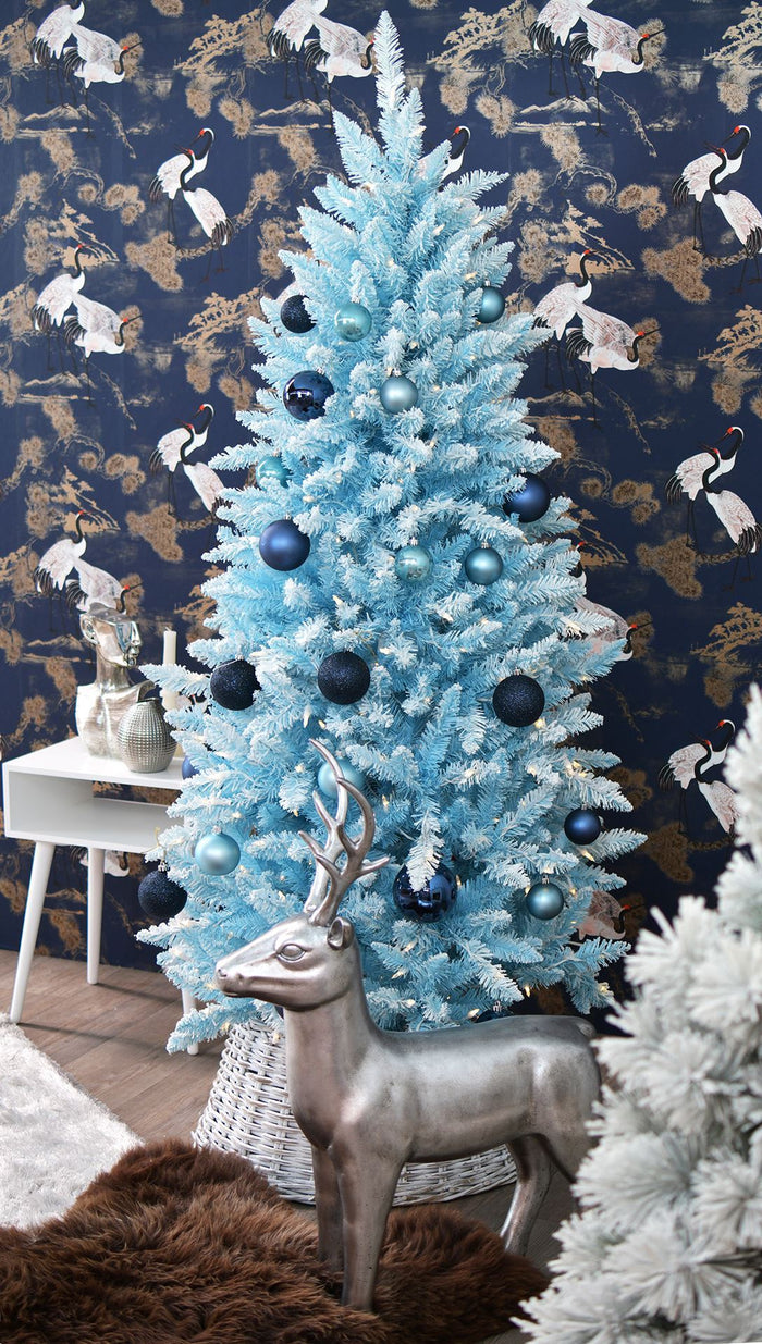 Funky Baby Blue Flocked verlichte kunstkerstboom - 213 cm -