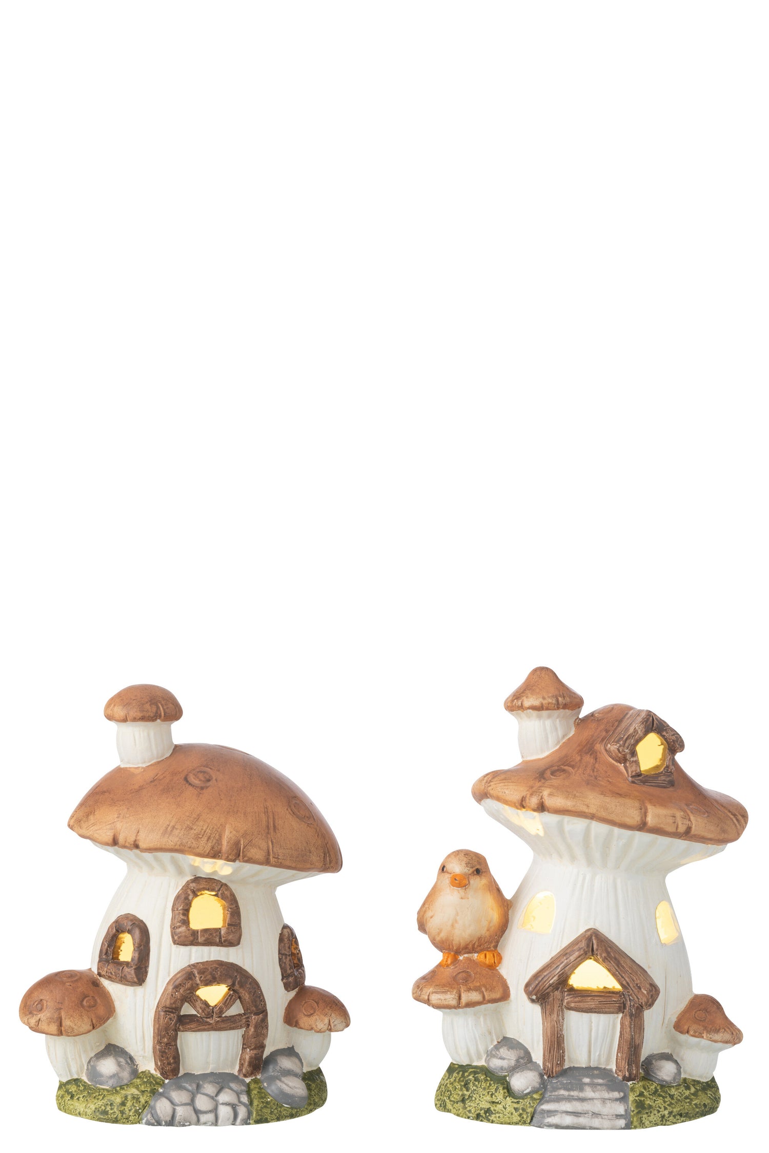 J-Line decoratie Huis Paddenstoel - porselein - mix - 2 stuks - LED lichtjes