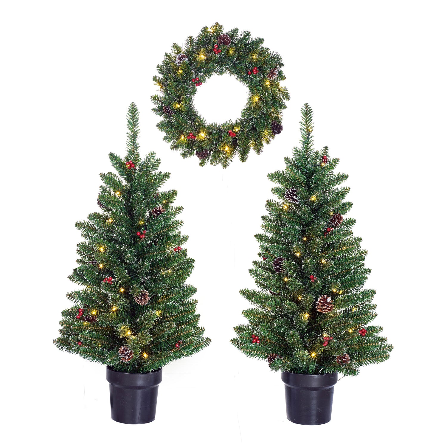 Black Box Trees Creston Set van 2 Kerstbomen en 1 Krans - LED - Groen