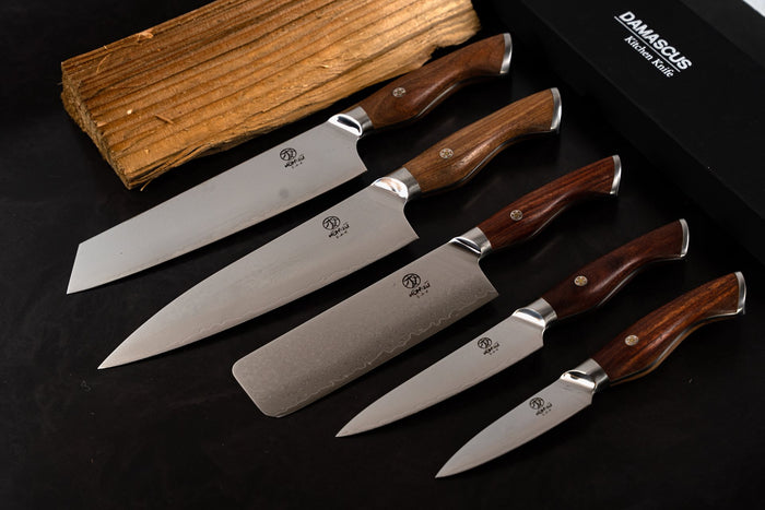 Homizu Baranoki officemes - 9cm - VG-10 damascus mes|rozenhout - bruin