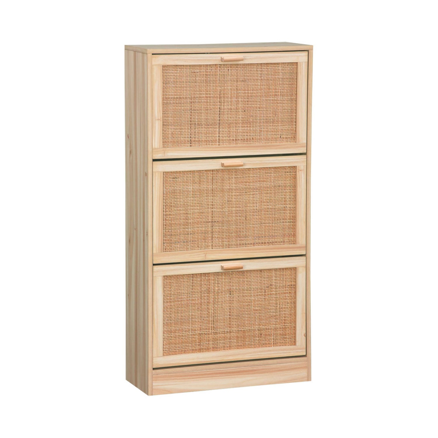 sweeek - Schoenenkast met 3 deuren, rotan en houten decor