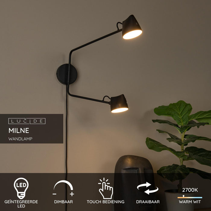 Lucide MILNE Wandlamp - Zwart