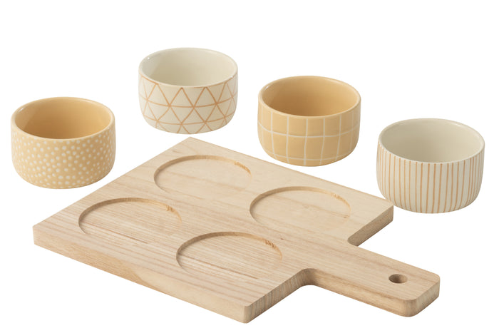 J-Line tapasplank 4 kommen + bambouschaal In Doos - keramiek|hout - wit|creme
