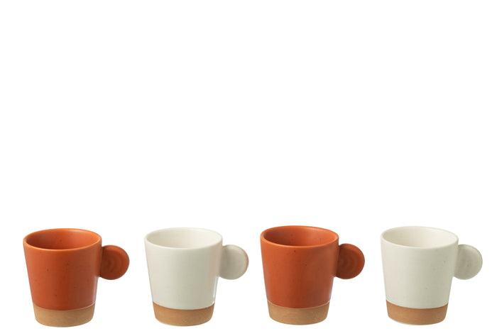 J-Line koffietas Met Oor + Bamboubasis - keramiek - wit|oranje - doos van 4