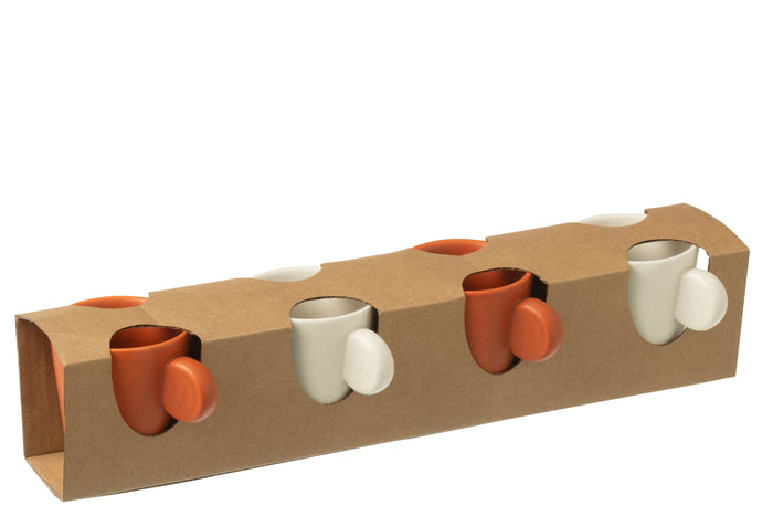J-Line koffietas Met Oor + Bamboubasis - keramiek - wit|oranje - doos van 4