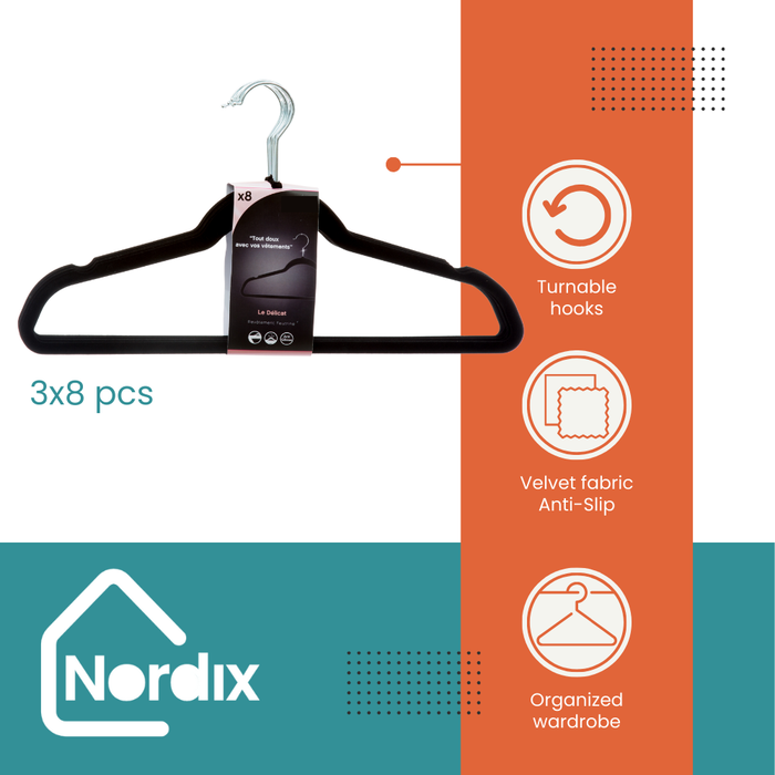 Nordix Kledinghangers Set 24 stuks Zwart Vilten Velvet Anti Slip Kl...
